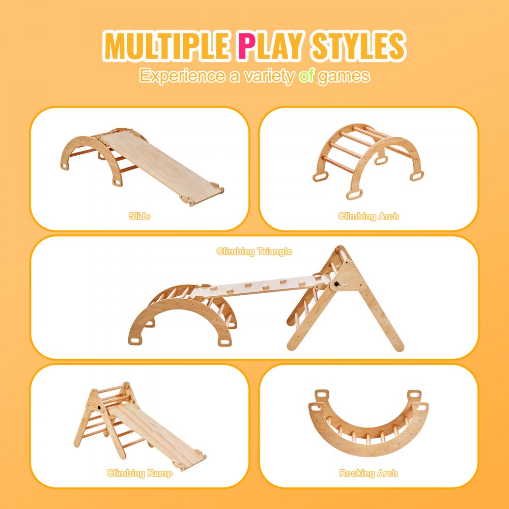 VEVOR Pikler Triangle Set, 5 in 1 Toddler Climbing Toys Indoor Playground, Montessori Climbing Set with Triangle, Ramp, and Arch, Medium Size Wooden Climbing Gym for Toddlers 1-3 Years, Wood Color