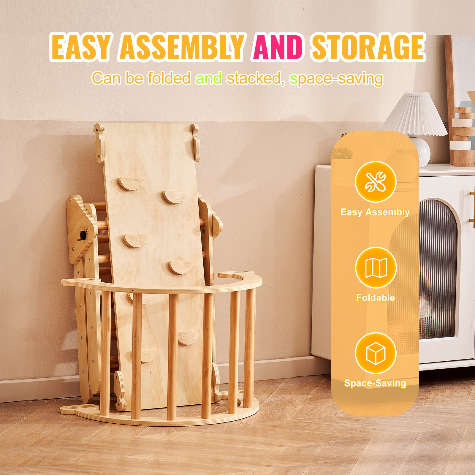 VEVOR Pikler Triangle Set, 5 in 1 Toddler Climbing Toys Indoor Playground, Montessori Climbing Set with Triangle, Ramp, and Arch, Medium Size Wooden Climbing Gym for Toddlers 1-3 Years, Wood Color