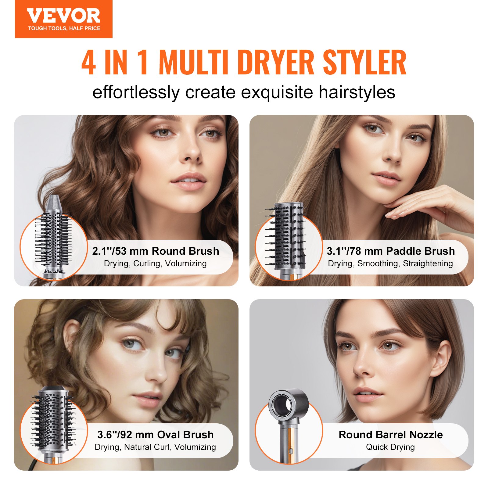 VEVOR Hair Air Styler and Dryer Brush, 4-in-1 Multi Hair Styler, 110,000 RPM High-Speed Ionic Hot Air Styler with 3 Brushes & 1 Nozzle, 4 Temp & 3-Speed Blow Dryer Brush for Curling Styling Volumizing