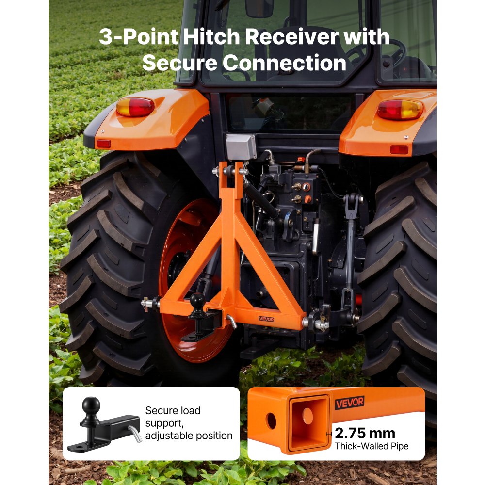 VEVOR 3 Point Trailer Hitch with 50.8mm Receiver, 3 Pt Quick Hitch Attachment with Trailer Ball, Tractor Tow Drawbar Adapter for Category 1, Kubota, Mahindra, Ford, Yanmar, John Deere, Massey Ferguson
