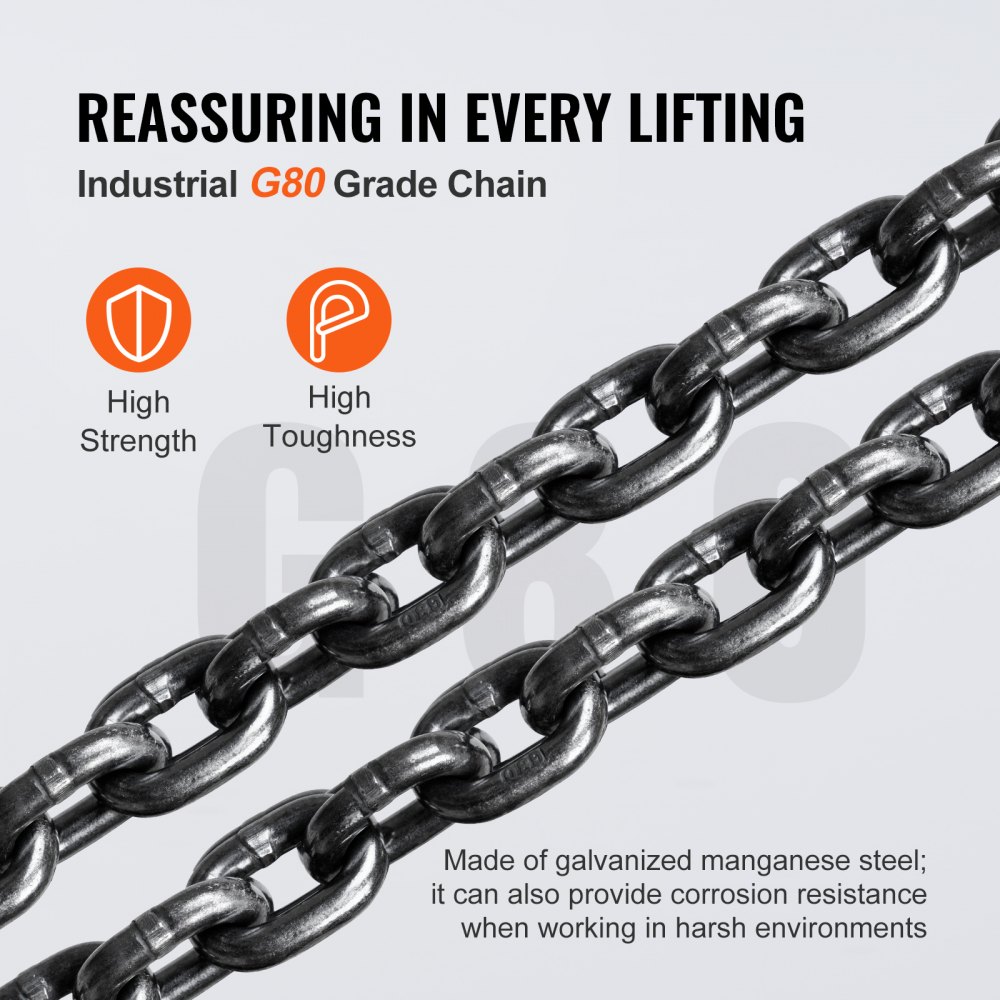 industrial g80 grade chain for VEVOR hand chain hoist, offering high strength and toughness against corrosion.