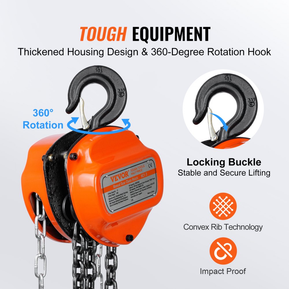 VEVOR hand chain hoist with 360-degree rotation hook, locking buckle, and impact-proof design.