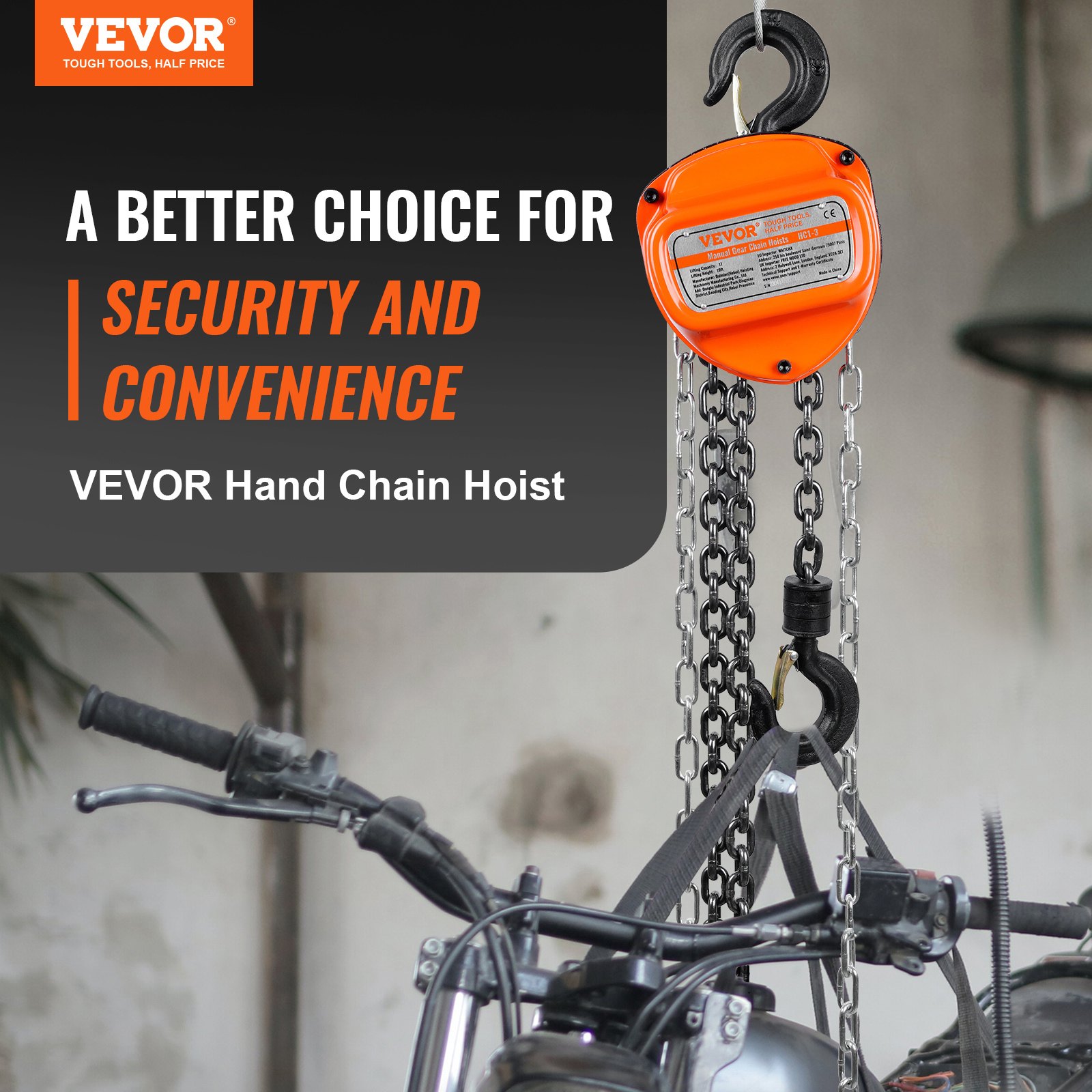 VEVOR hand chain hoist in action, lifting a motorcycle with ease, offering security and convenience.