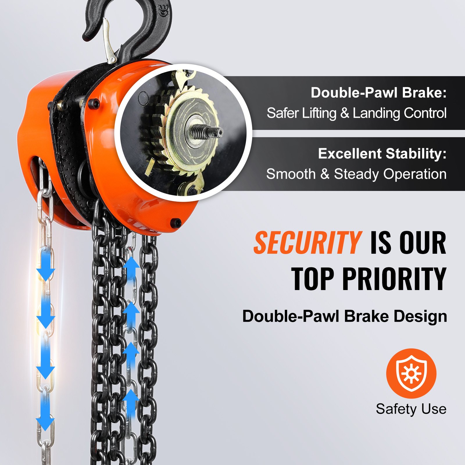 VEVOR hand chain hoist with double-pawl brake for safer lifting and smooth, steady operation.