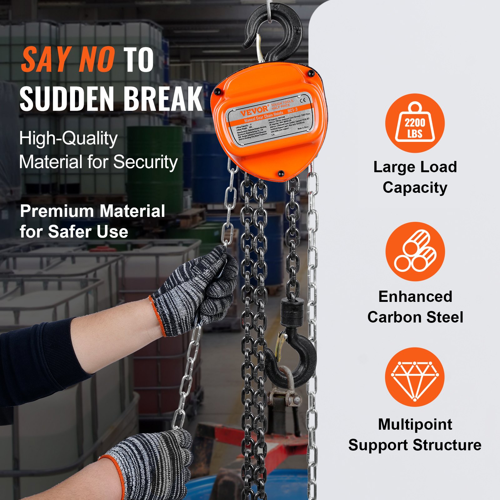 VEVOR hand chain hoist, high load capacity, enhanced carbon steel, multipoint support, secure handling.