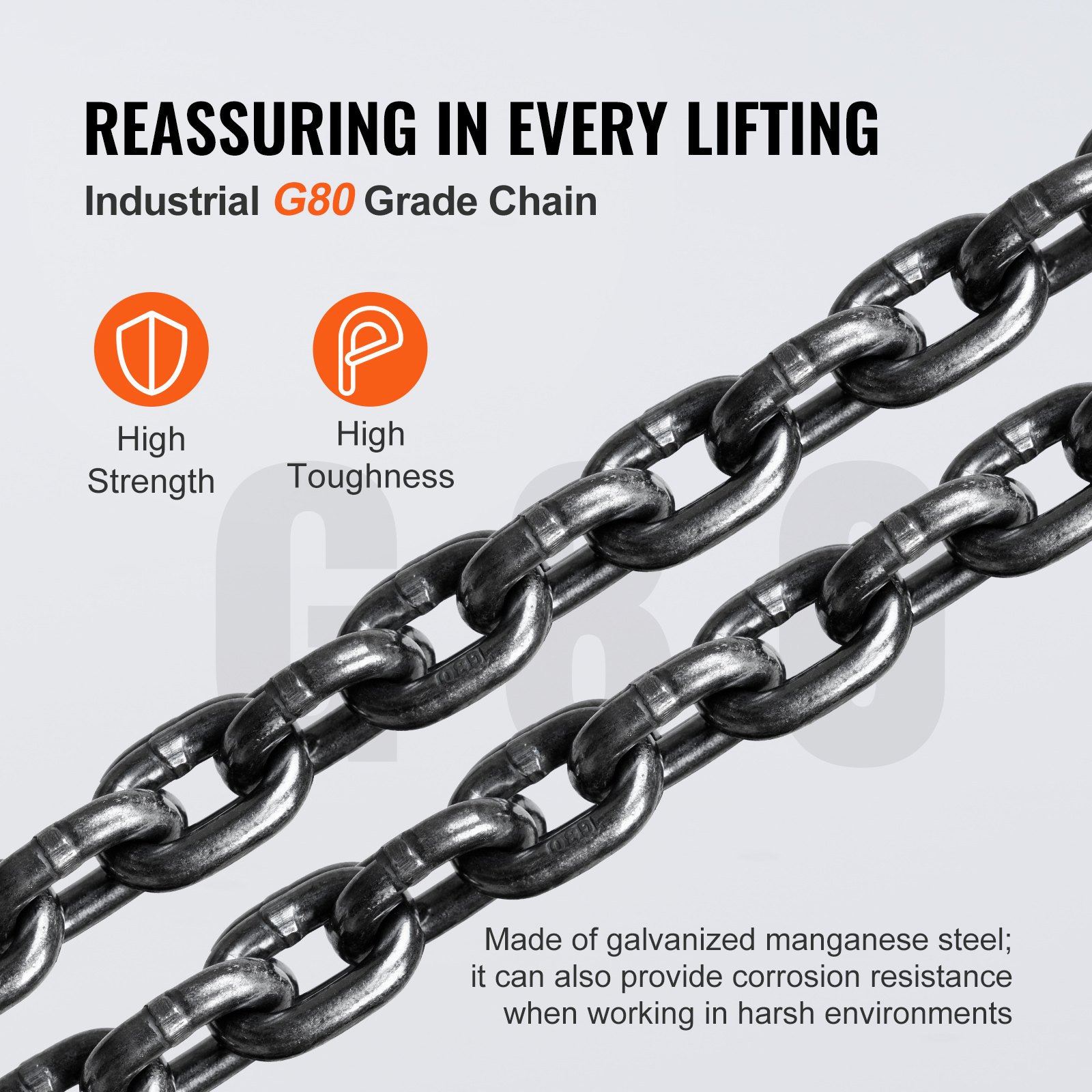 industrial g80 grade chain for VEVOR hand chain hoist, offering high strength and toughness against corrosion.