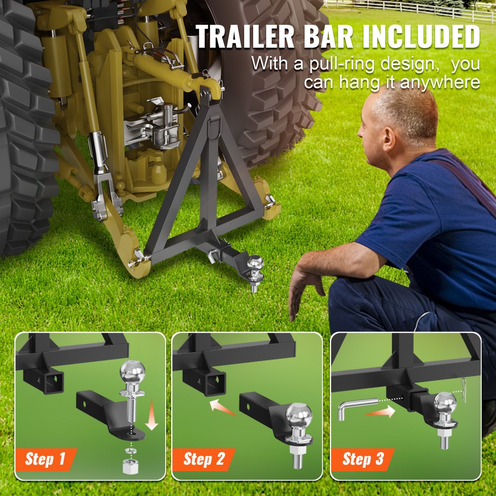 VEVOR 3 Point Hitch Receiver, 2" Receiver Trailer Hitch Category 1 Tractor Tow Drawbar Adapter with Pins, Compatible with Kubota, Mahindra, Yanmar, Ford, John Deere, Massey Ferguson