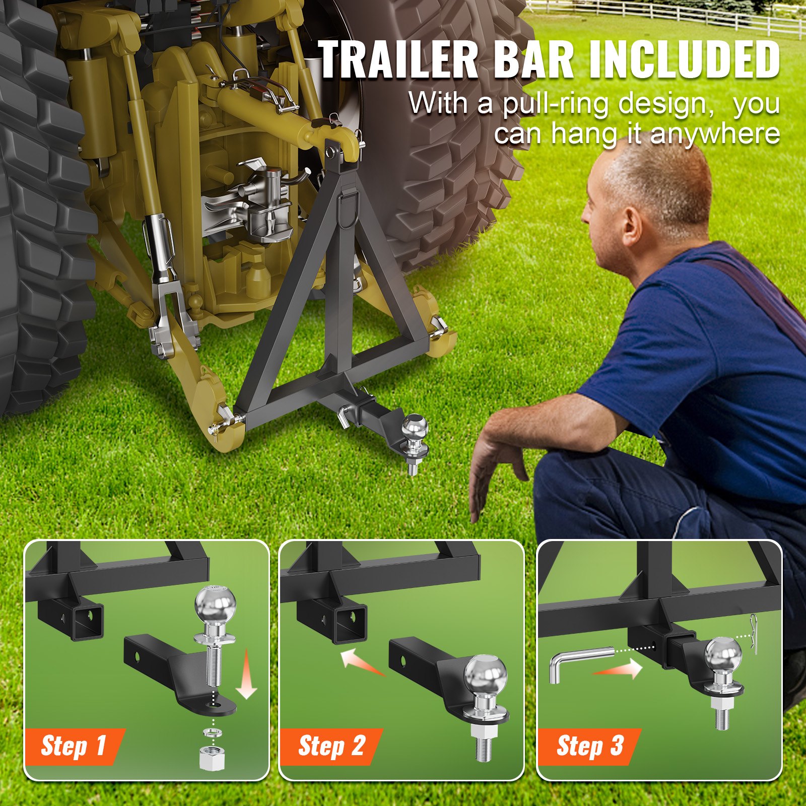 VEVOR 3 Point Hitch Receiver, 2" Receiver Trailer Hitch Category 1 Tractor Tow Drawbar Adapter with Pins, Compatible with Kubota, Mahindra, Yanmar, Ford, John Deere, Massey Ferguson