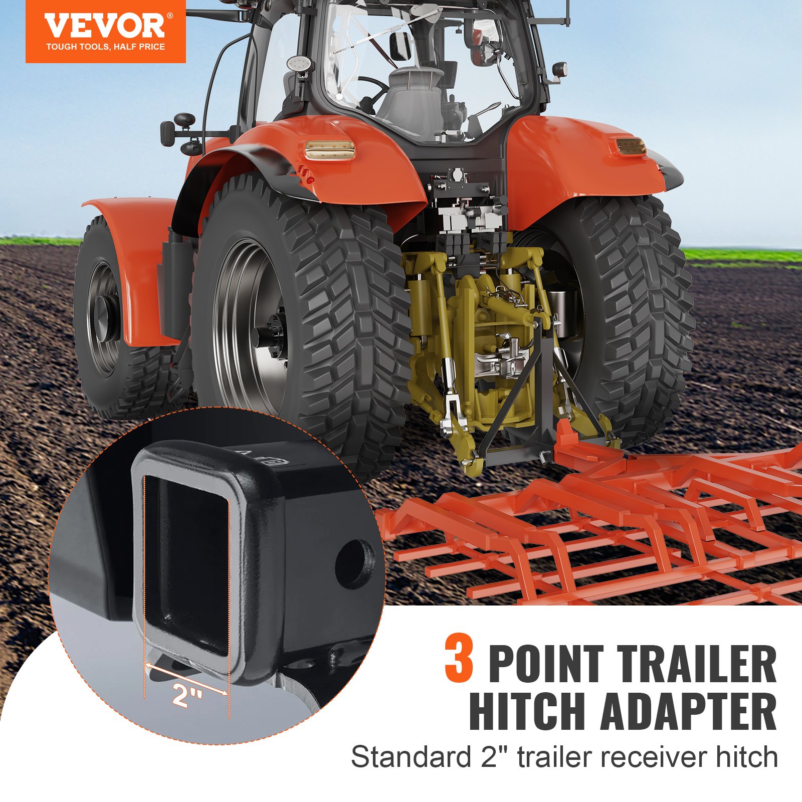VEVOR 3 Point Hitch Receiver, 3 Point 2" Receiver Trailer Hitch Κατηγορία 1 Προσαρμογέας ράβδου ρυμούλκησης τρακτέρ με καρφίτσες, Συμβατό με Kubota, Mahindra, Ford, Yanmar, John Deere, Massey Ferguson