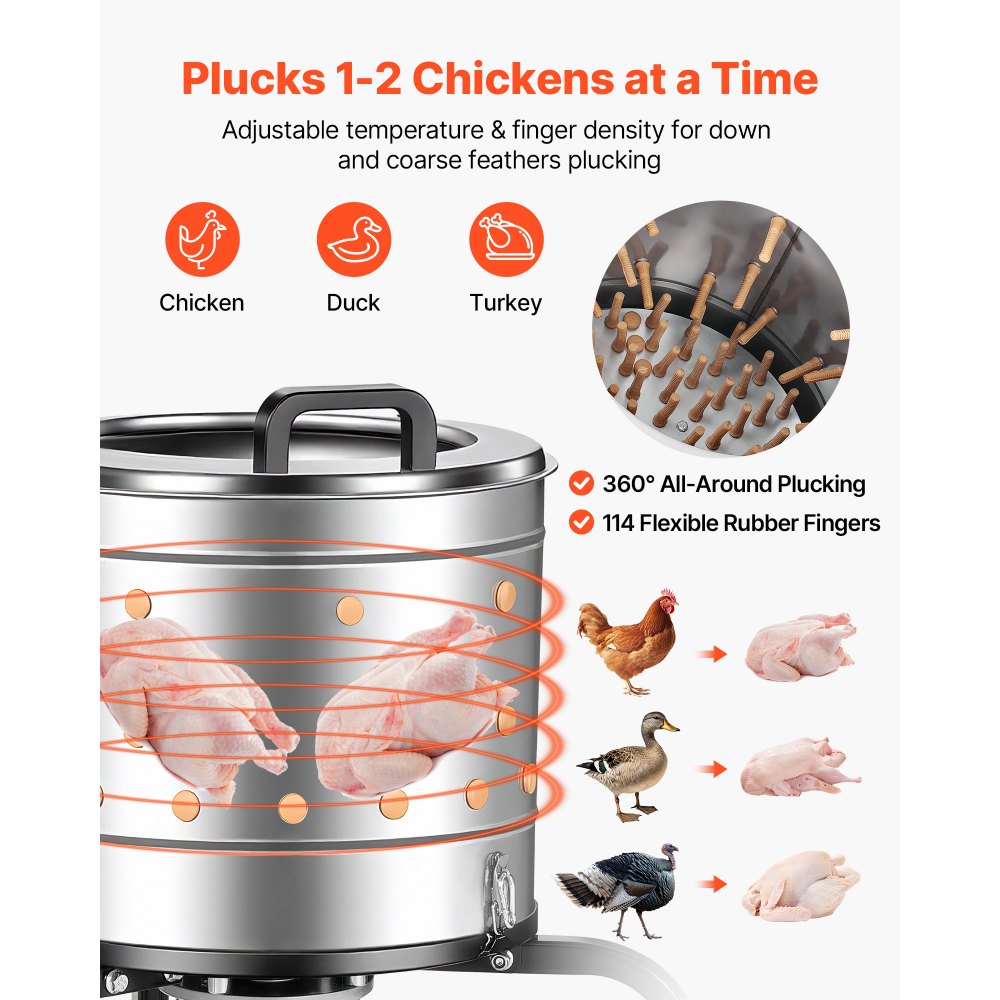 VEVOR Chicken Plucker Machine, 400mm Drum, 500W & 230RPM Electric Chicken Plucking Machine with 114 Soft Fingers & Transport Wheels, Stainless Steel Feather Remover for Processing 1-2 Chicks Once