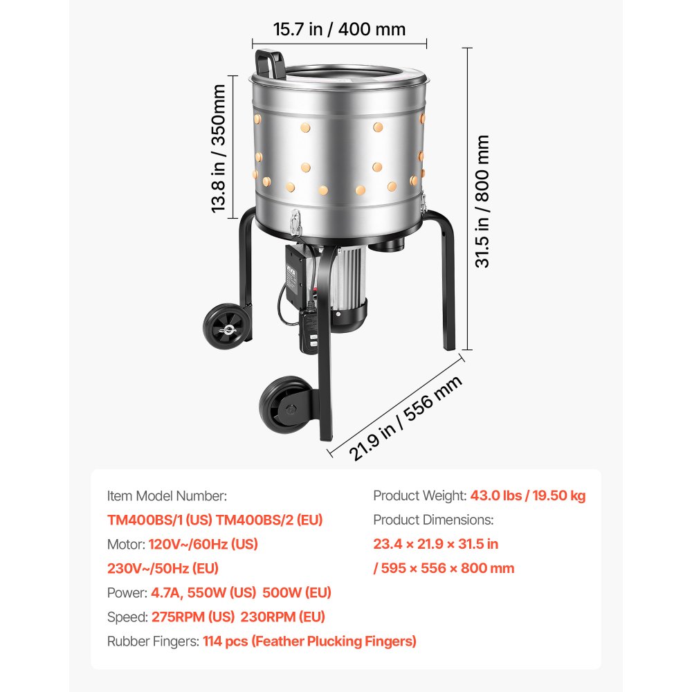 VEVOR Chicken Plucker Machine, 400mm Drum, 500W & 230RPM Electric Chicken Plucking Machine with 114 Soft Fingers & Transport Wheels, Stainless Steel Feather Remover for Processing 1-2 Chicks Once