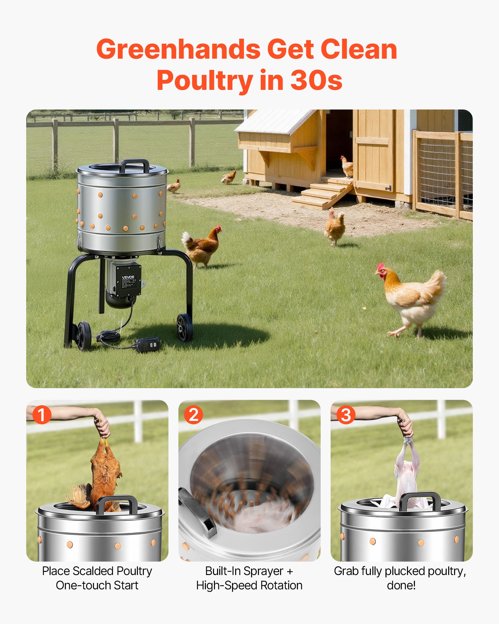 VEVOR Chicken Plucker Machine, 400mm Drum, 500W & 230RPM Electric Chicken Plucking Machine with 114 Soft Fingers & Transport Wheels, Stainless Steel Feather Remover for Processing 1-2 Chicks Once