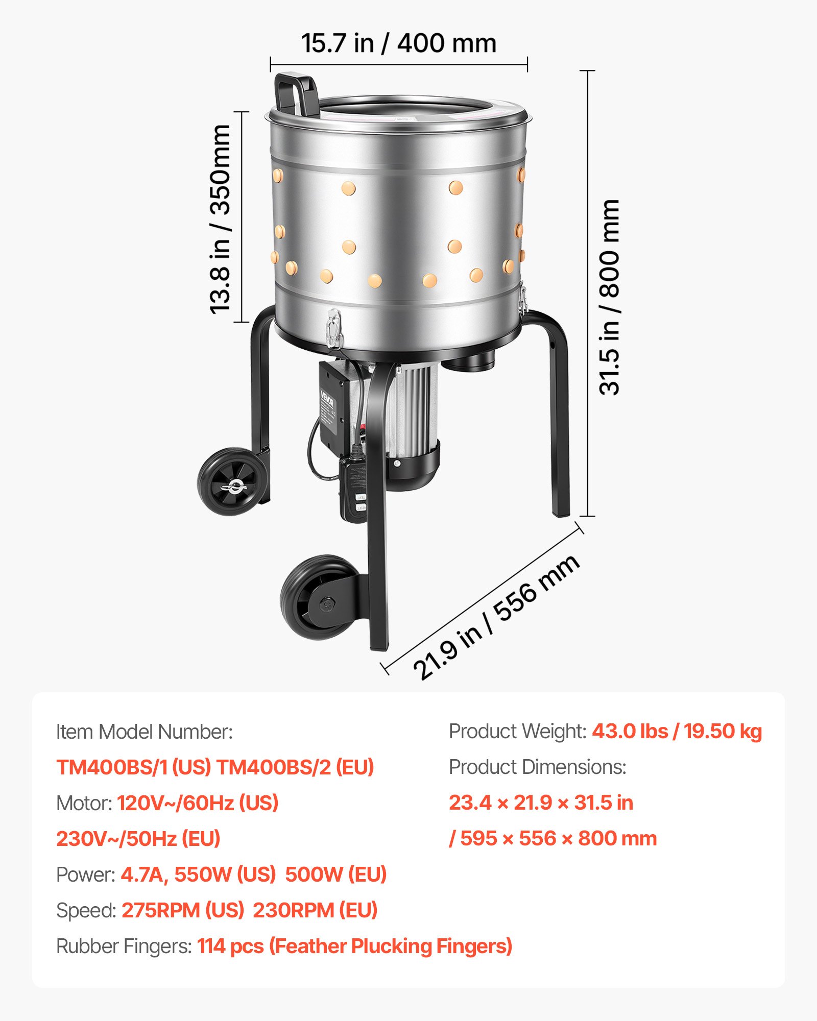 VEVOR Chicken Plucker Machine, 400mm Drum, 500W & 230RPM Electric Chicken Plucking Machine with 114 Soft Fingers & Transport Wheels, Stainless Steel Feather Remover for Processing 1-2 Chicks Once