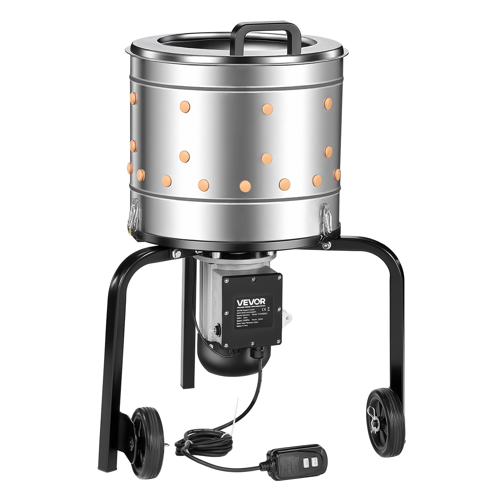 VEVOR Chicken Plucker Machine, 400mm Drum, 500W & 230RPM Electric Chicken Plucking Machine with 114 Soft Fingers & Transport Wheels, Stainless Steel Feather Remover for Processing 1-2 Chicks Once