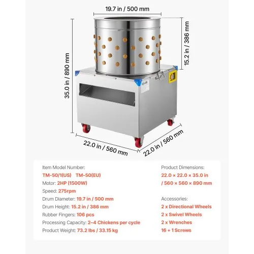 Waltyotur 120V Chicken Plucker Machine – Stainless Steel Drum, 280RPM Motor – 2 Chicken Capacity