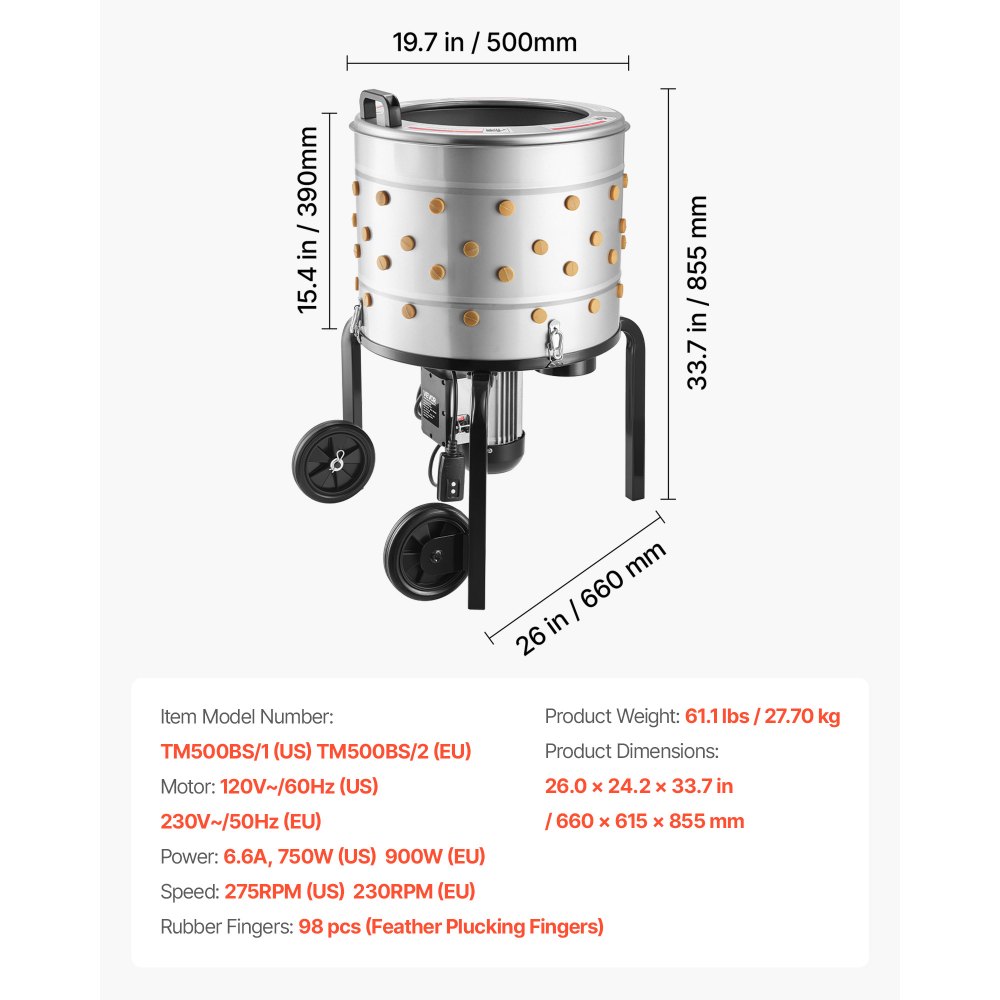 VEVOR Chicken Plucker Machine, 500mm Drum, 900W & 230RPM Electric Chicken Plucking Machine with 98 Soft Fingers & Transport Wheels, Stainless Steel Feather Remover for Processing 2 Chicks Once