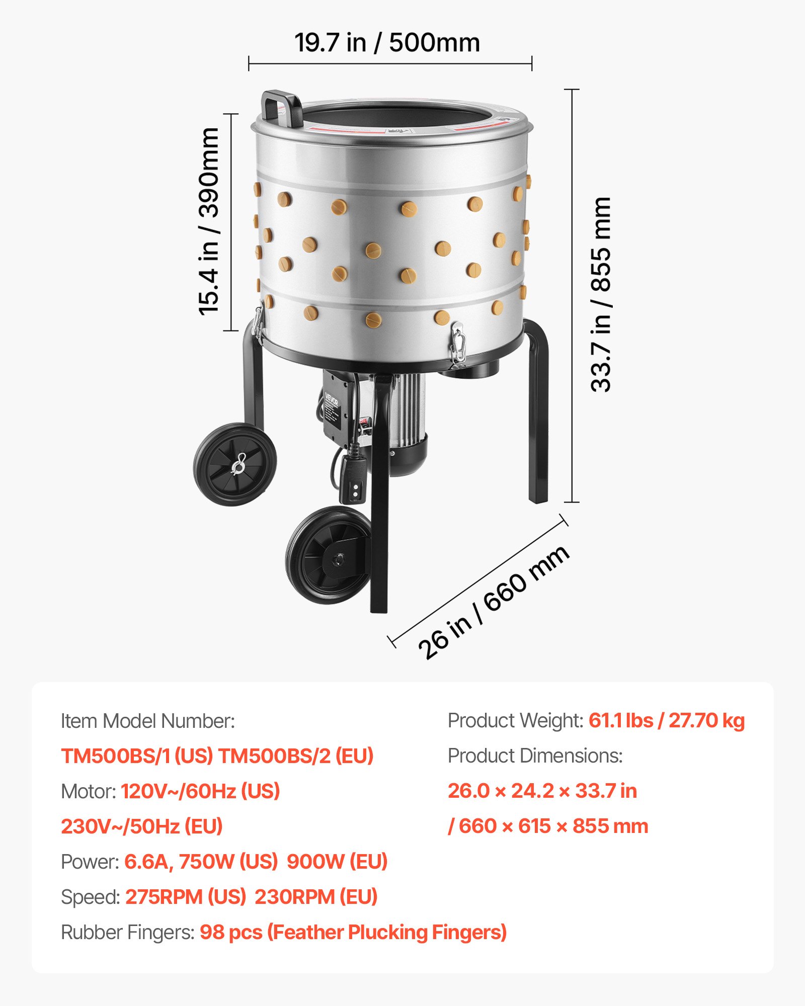 VEVOR Chicken Plucker Machine, 500mm Drum, 900W & 230RPM Electric Chicken Plucking Machine with 98 Soft Fingers & Transport Wheels, Stainless Steel Feather Remover for Processing 2 Chicks Once