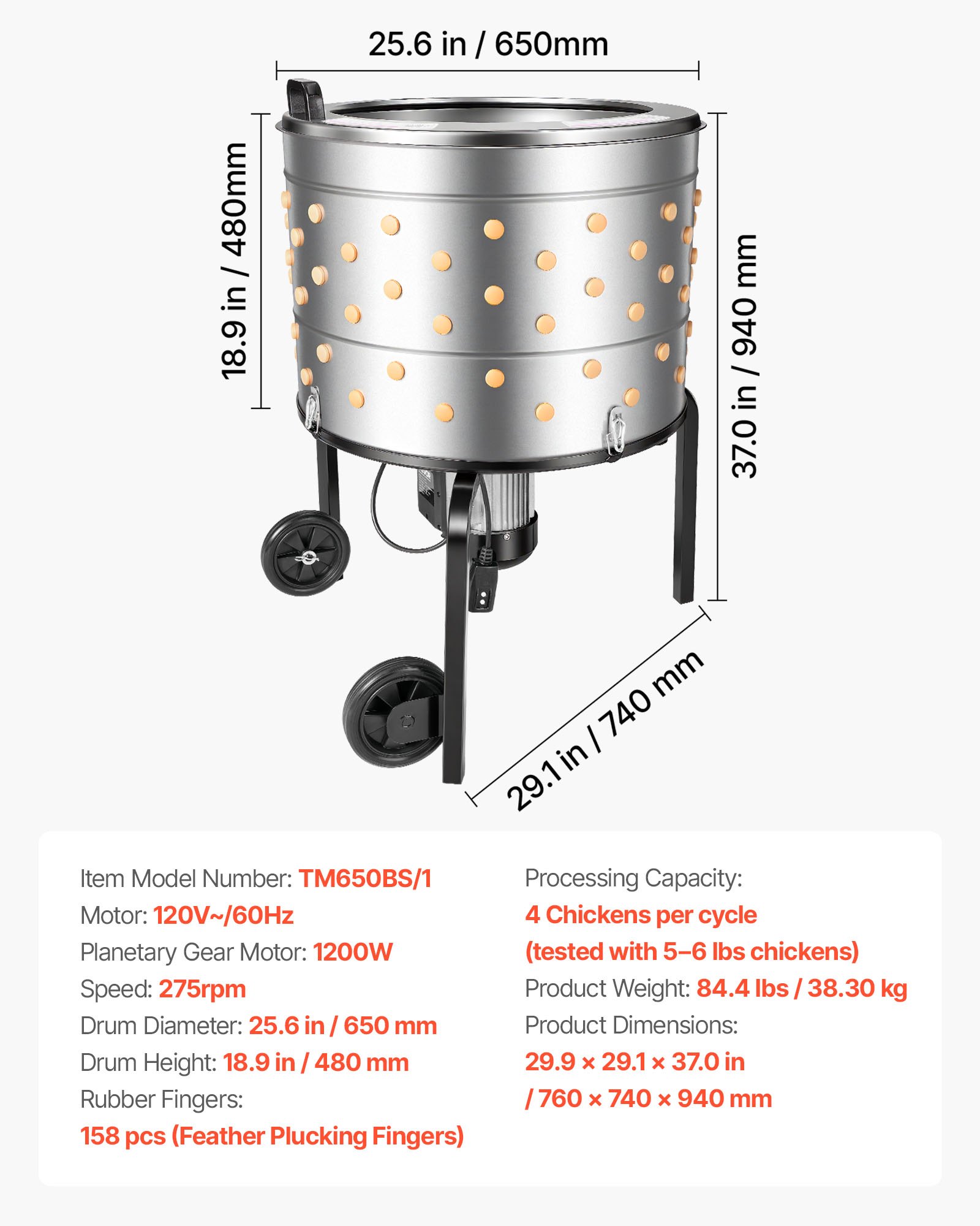 VEVOR Chicken Plucker Machine, 25.6 in Drum, 1200W & 275RPM Electric Chicken Plucking Machine with 158 Soft Fingers & Transport Wheels, Stainless Steel Feather Remover for Processing 4 Chicks Once