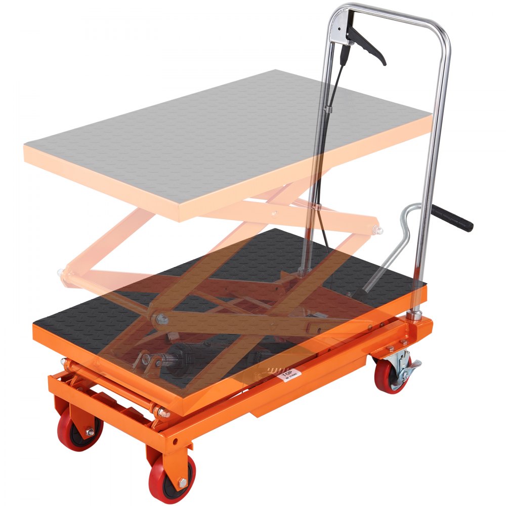 VEVOR 50 in. Hydraulic Lift Table Cart - Lifting Height Manual Double Scissor Lift Table with 4 Wheels Orange - 330 lbs