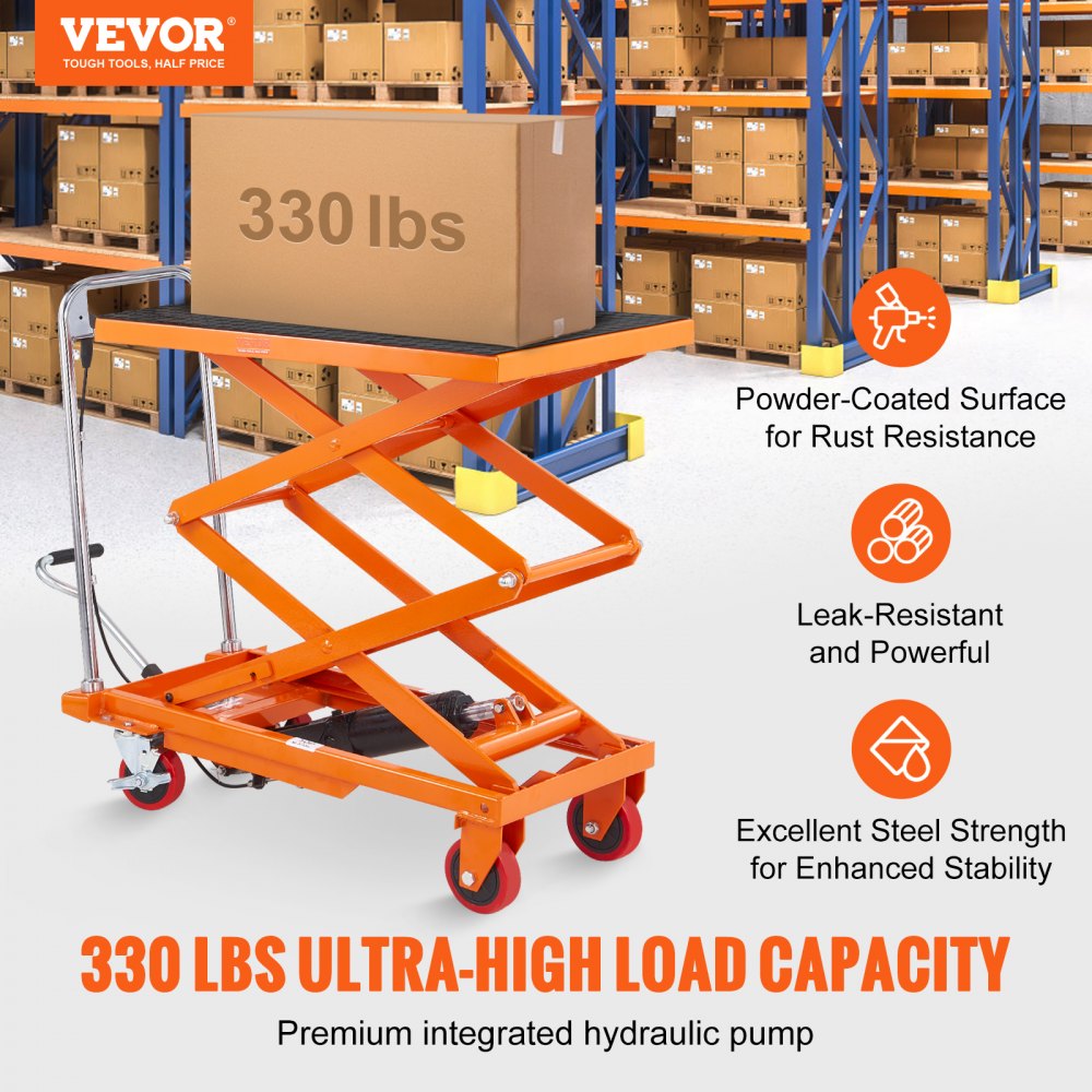 VEVOR Hydraulic Lift Table Cart, 150 kg Capacity 1270 mm Lifting Height, Manual Double Scissor Lift Table with 4 Wheels and Non-slip Pad, Hydraulic Scissor Cart for Material Handling and Transportation