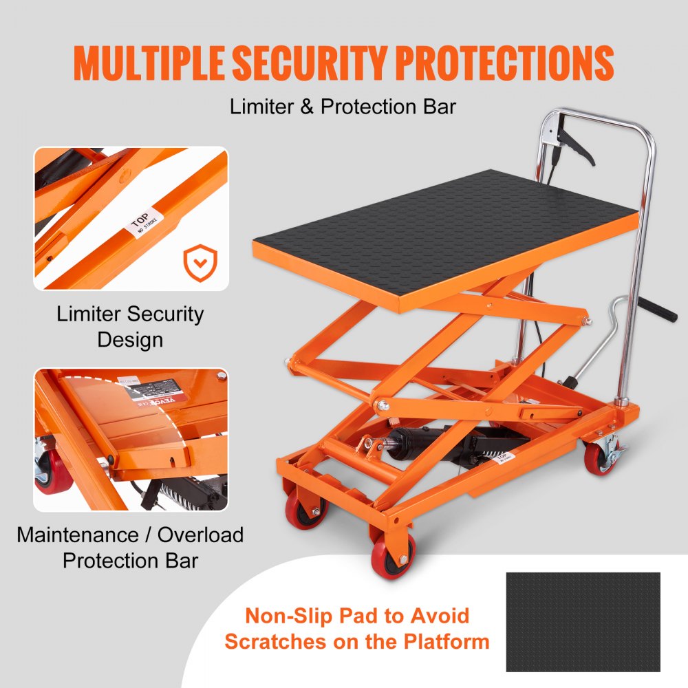 VEVOR Hydraulic Lift Table Cart, 150 kg Capacity 1270 mm Lifting Height, Manual Double Scissor Lift Table with 4 Wheels and Non-slip Pad, Hydraulic Scissor Cart for Material Handling and Transportation