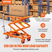 VEVOR Hydraulic Lift Table Cart, 330lbs Capacity 50" Lifting Height, Manual Double Scissor Lift Table with 4 Wheels and Non-slip Pad, Hydraulic Scissor Cart for Material Handling and Transportation