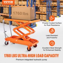 VEVOR Hydraulic Lift Table Cart, 1760lbs Capacity 59" Lifting Height, Manual Double Scissor Lift Table with 4 Wheels and Non-slip Pad, Hydraulic Scissor Cart for Material Handling and Transportation