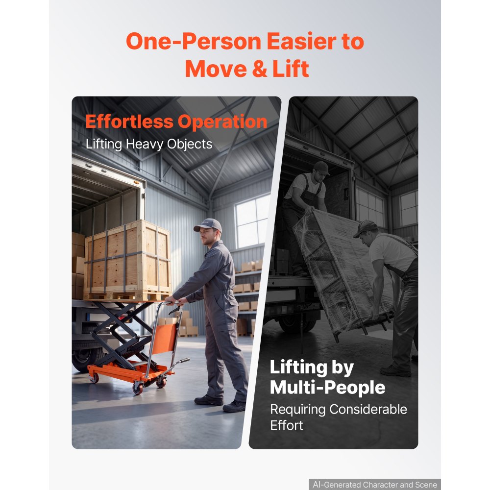 VEVOR Hydraulic Lift Table Cart, 350 kg Capacity 1260 mm Lifting Height, for Material Handling, Moving, Transportation, Manual Double Scissor Lift Table, with 4 Wheels and Handle, Heavy-Duty Steel