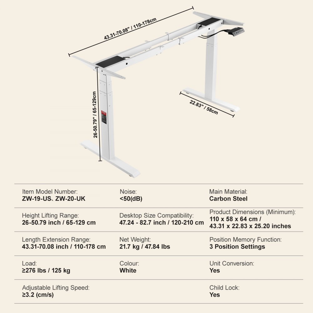 VEVOR Elektrisk Ståbordsramme Dobbeltmotor Justerbar 66-129cm H Hvid