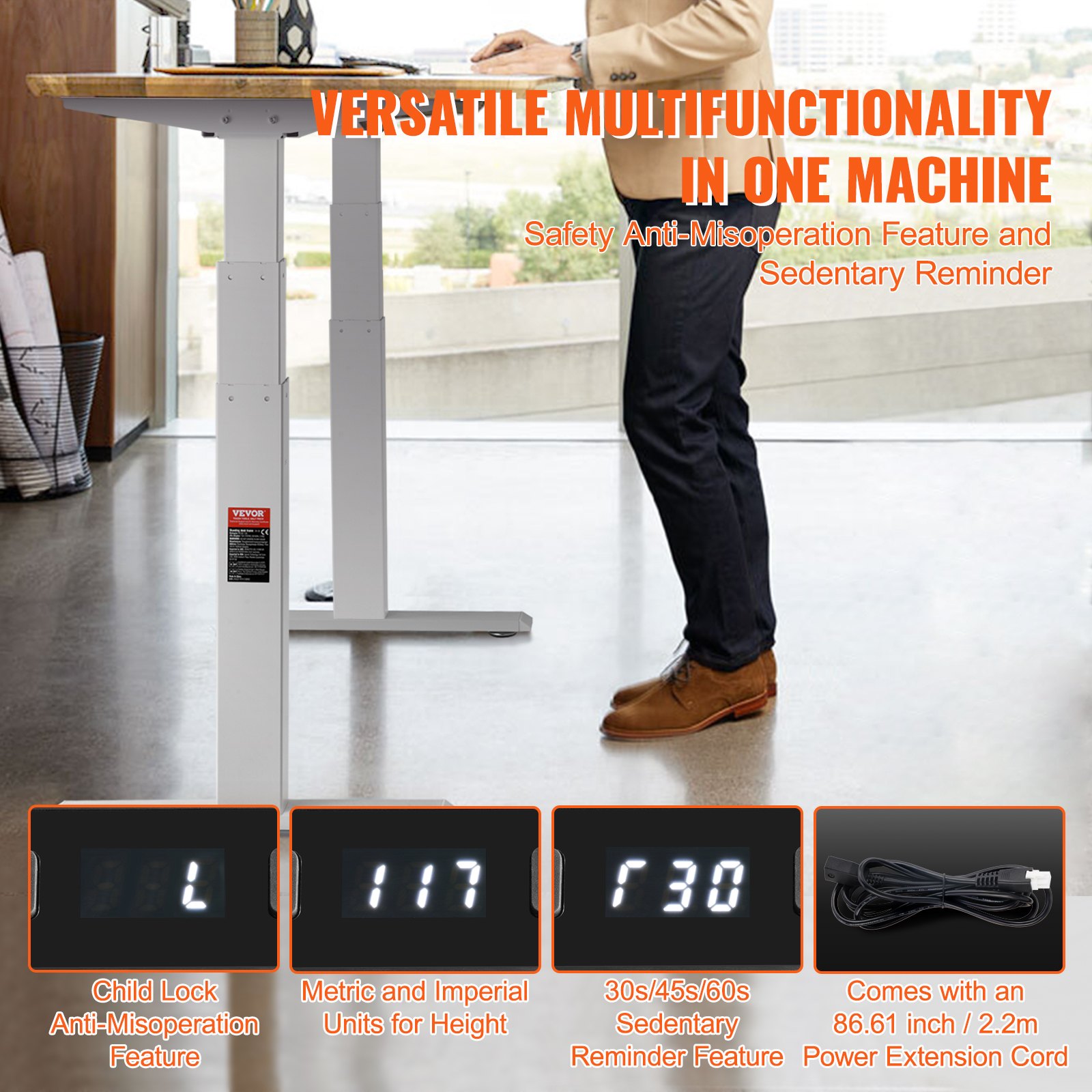 VEVOR Elektrisk Ståbordsramme Dobbeltmotor Justerbar 66-129cm H Hvid