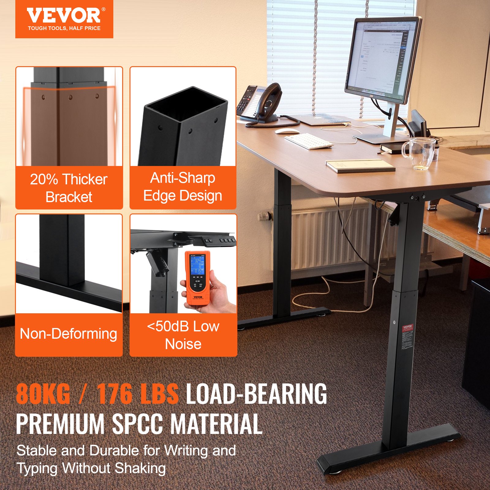 VEVOR Standing Desk Frame, Adjustable 70-117 cm Height & 95-158 cm Length Electric Stand Up Computer Desk Legs, Ergonomic DIY Workstation Base for Home and Office (Black Frame Only)