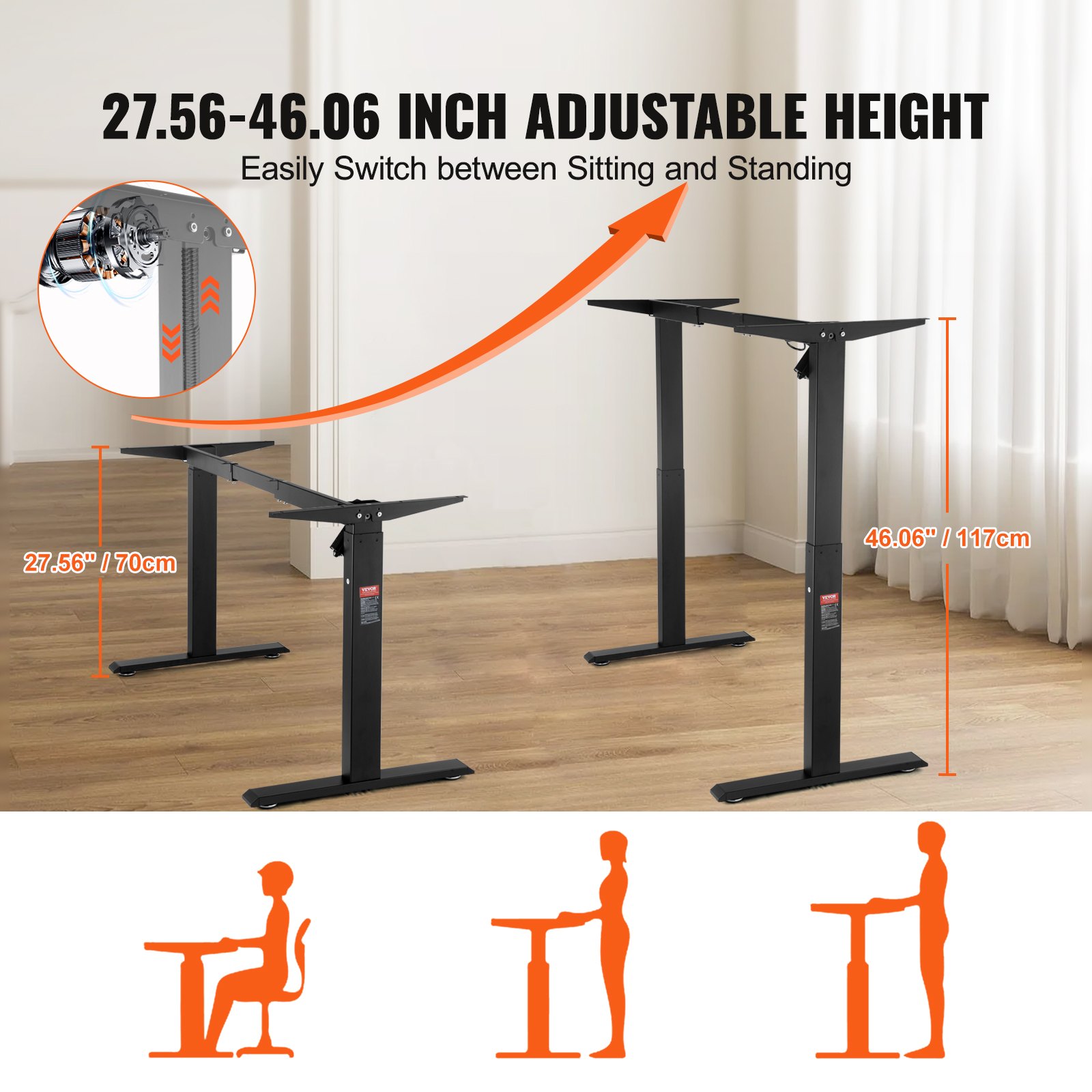 VEVOR Standing Desk Frame, Adjustable 70-117 cm Height & 95-158 cm Length Electric Stand Up Computer Desk Legs, Ergonomic DIY Workstation Base for Home and Office (Black Frame Only)