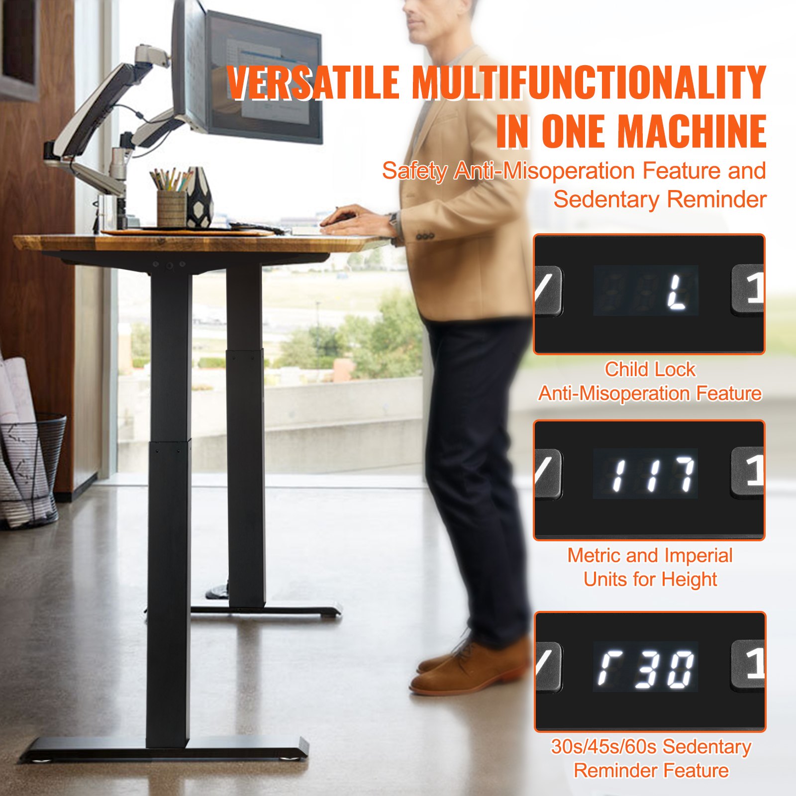 VEVOR Standing Desk Frame, Adjustable 70-117 cm Height & 95-158 cm Length Electric Stand Up Computer Desk Legs, Ergonomic DIY Workstation Base for Home and Office (Black Frame Only)