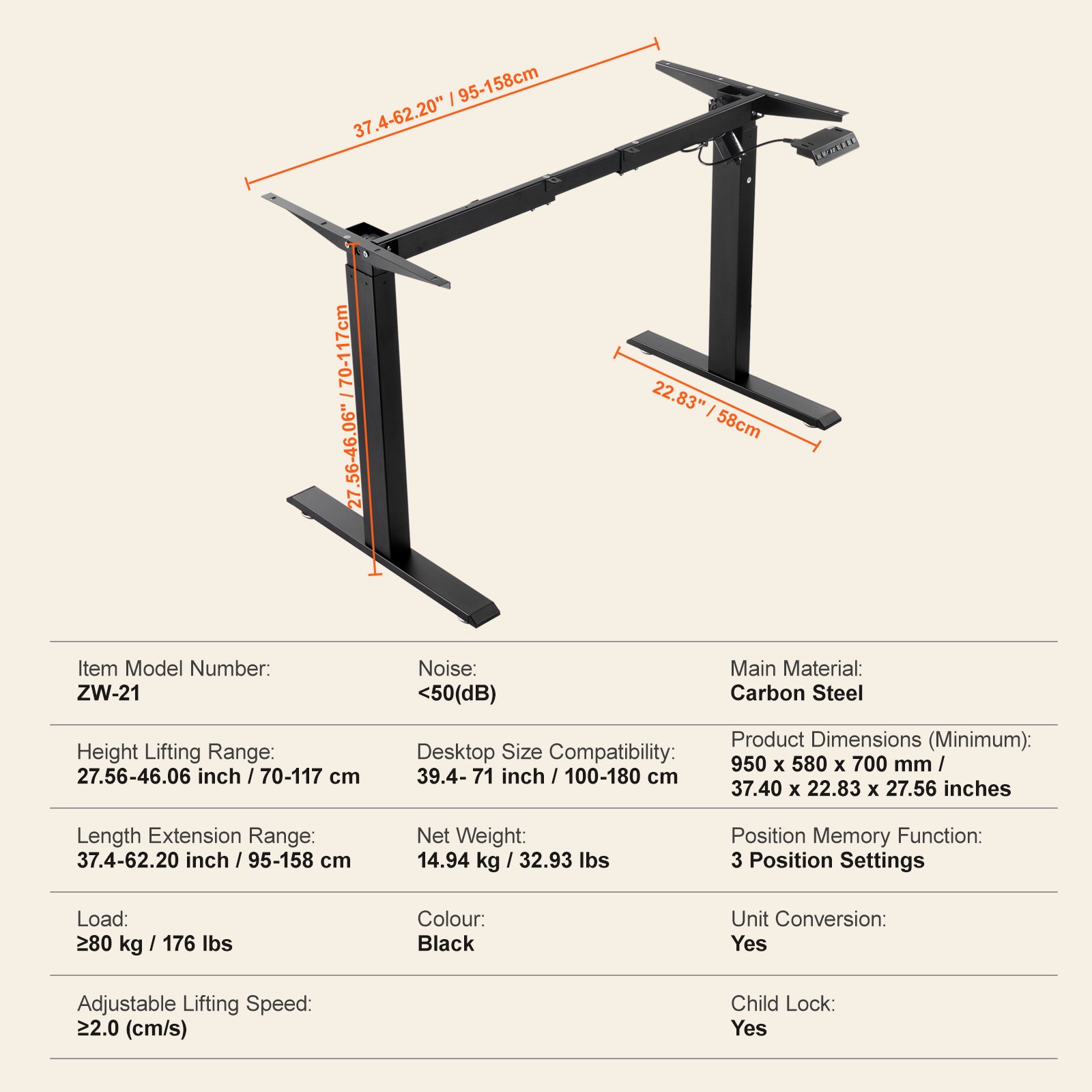 VEVOR Standing Desk Frame, Adjustable 70-117 cm Height & 95-158 cm Length Electric Stand Up Computer Desk Legs, Ergonomic DIY Workstation Base for Home and Office (Black Frame Only)