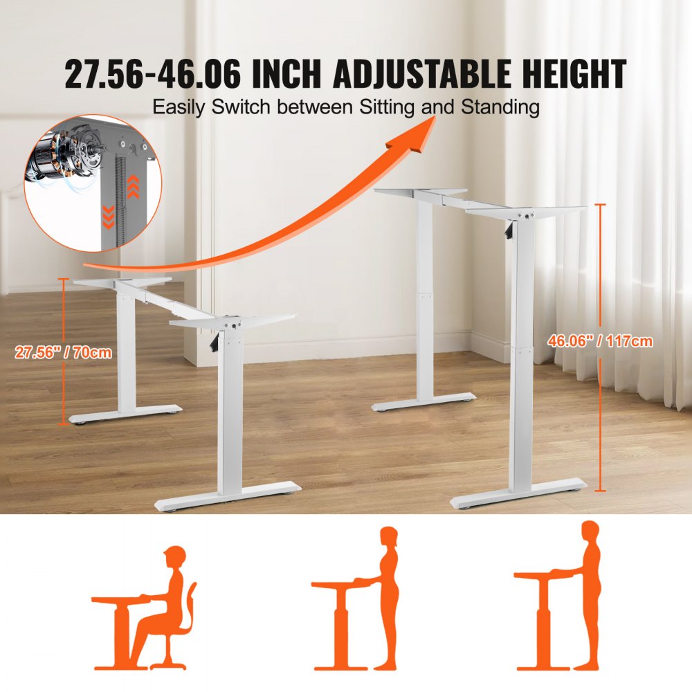 VEVOR Standing Desk Frame, Adjustable 70-117 cm Height & 95-158 cm Length Electric Stand Up Computer Desk Legs, Ergonomic DIY Workstation Base for Home and Office (White Frame Only)