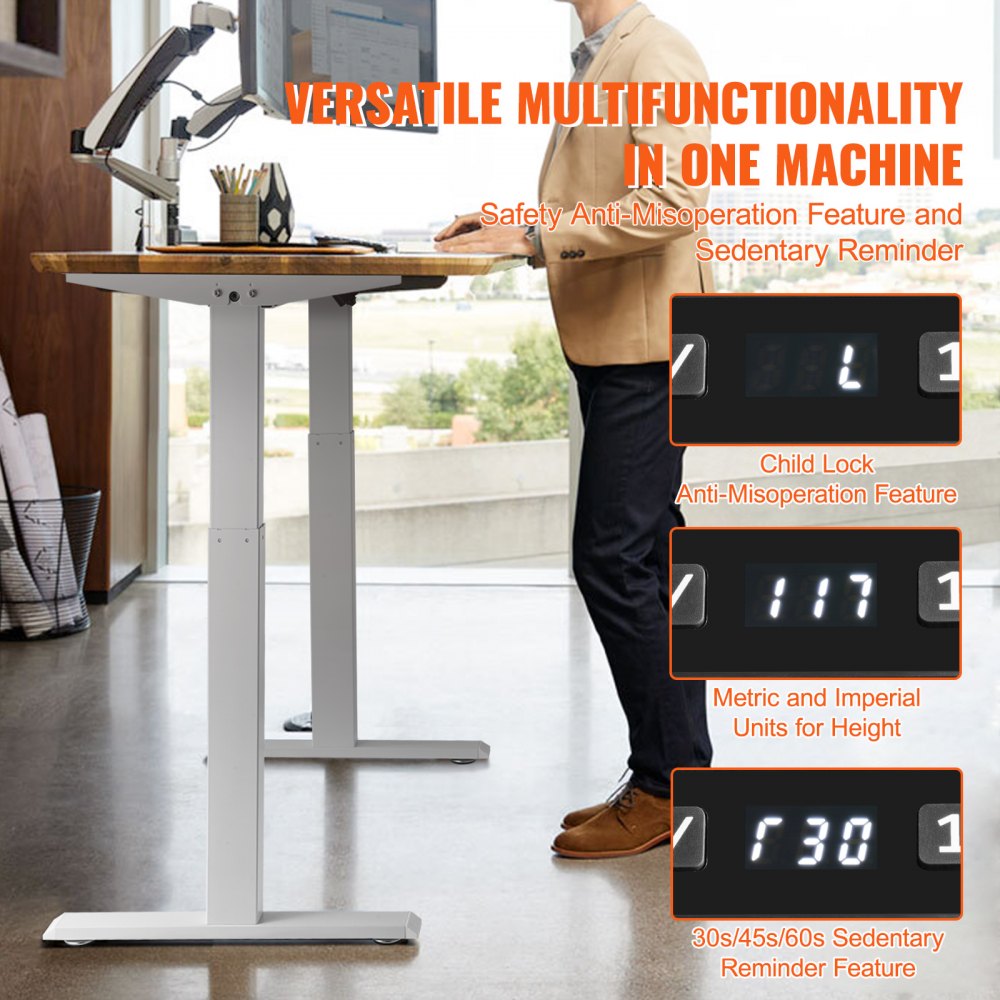 VEVOR Standing Desk Frame, Adjustable 70-117 cm Height & 95-158 cm Length Electric Stand Up Computer Desk Legs, Ergonomic DIY Workstation Base for Home and Office (White Frame Only)