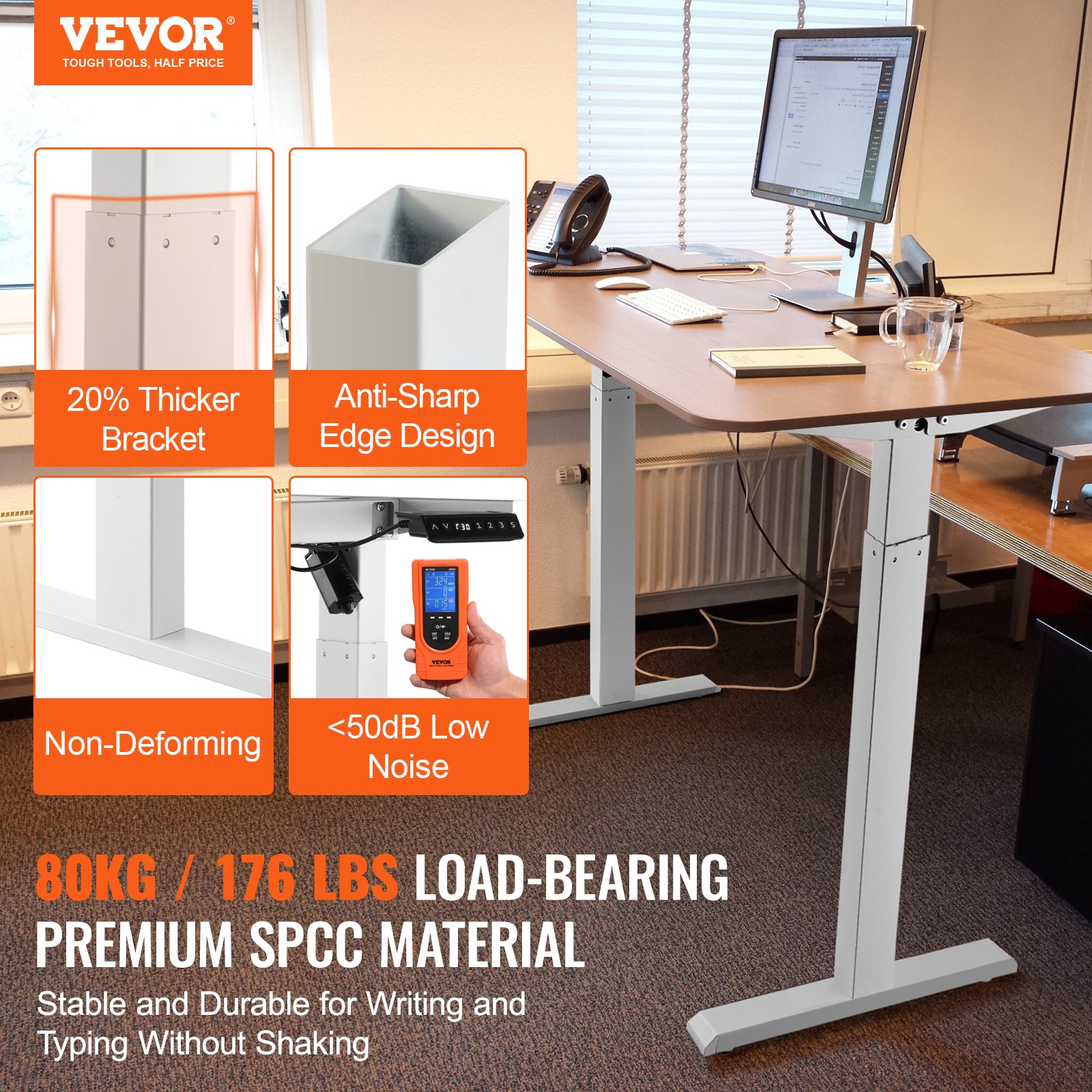 VEVOR Standing Desk Frame, Adjustable 70-117 cm Height & 95-158 cm Length Electric Stand Up Computer Desk Legs, Ergonomic DIY Workstation Base for Home and Office (White Frame Only)