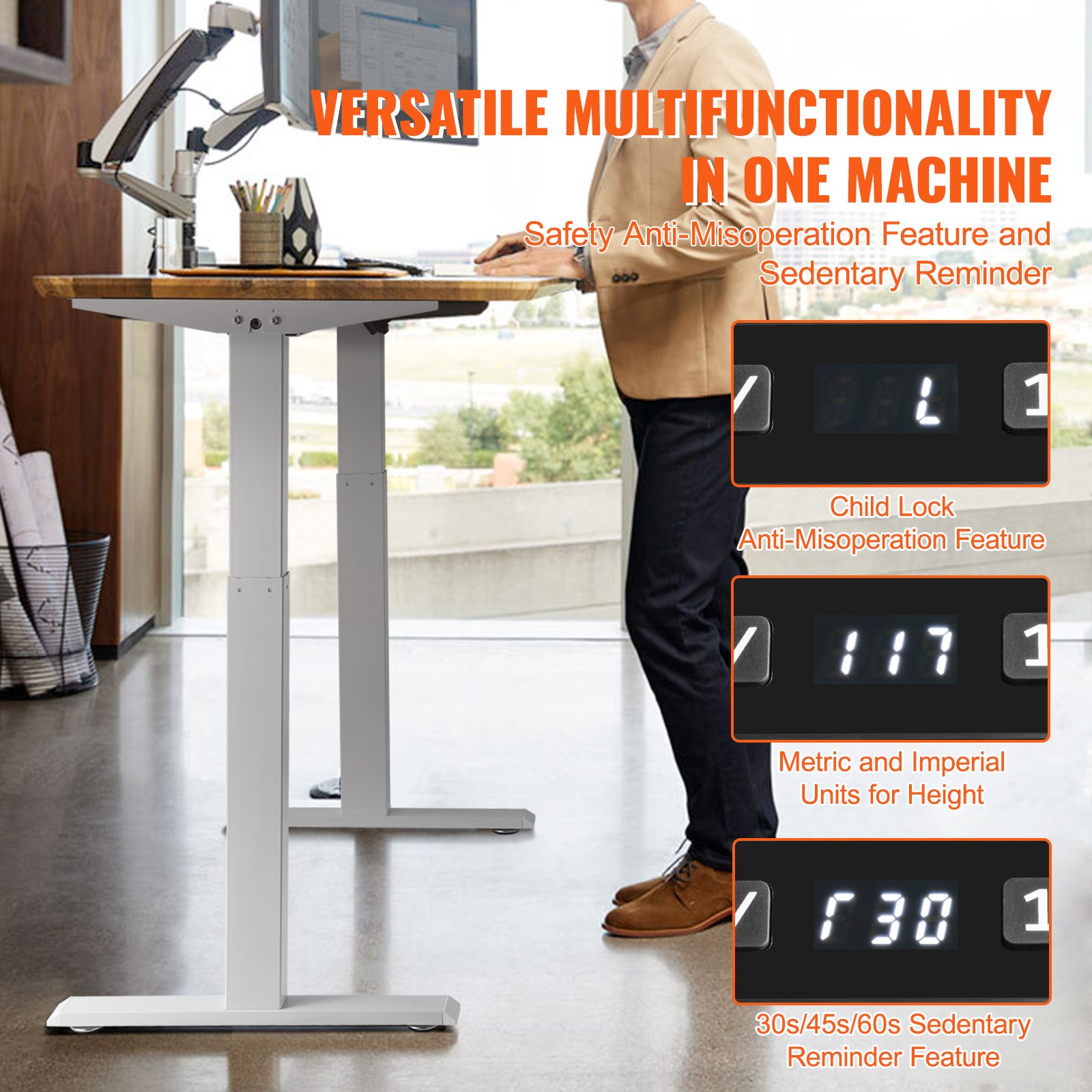 VEVOR Standing Desk Frame, Adjustable 70-117 cm Height & 95-158 cm Length Electric Stand Up Computer Desk Legs, Ergonomic DIY Workstation Base for Home and Office (White Frame Only)