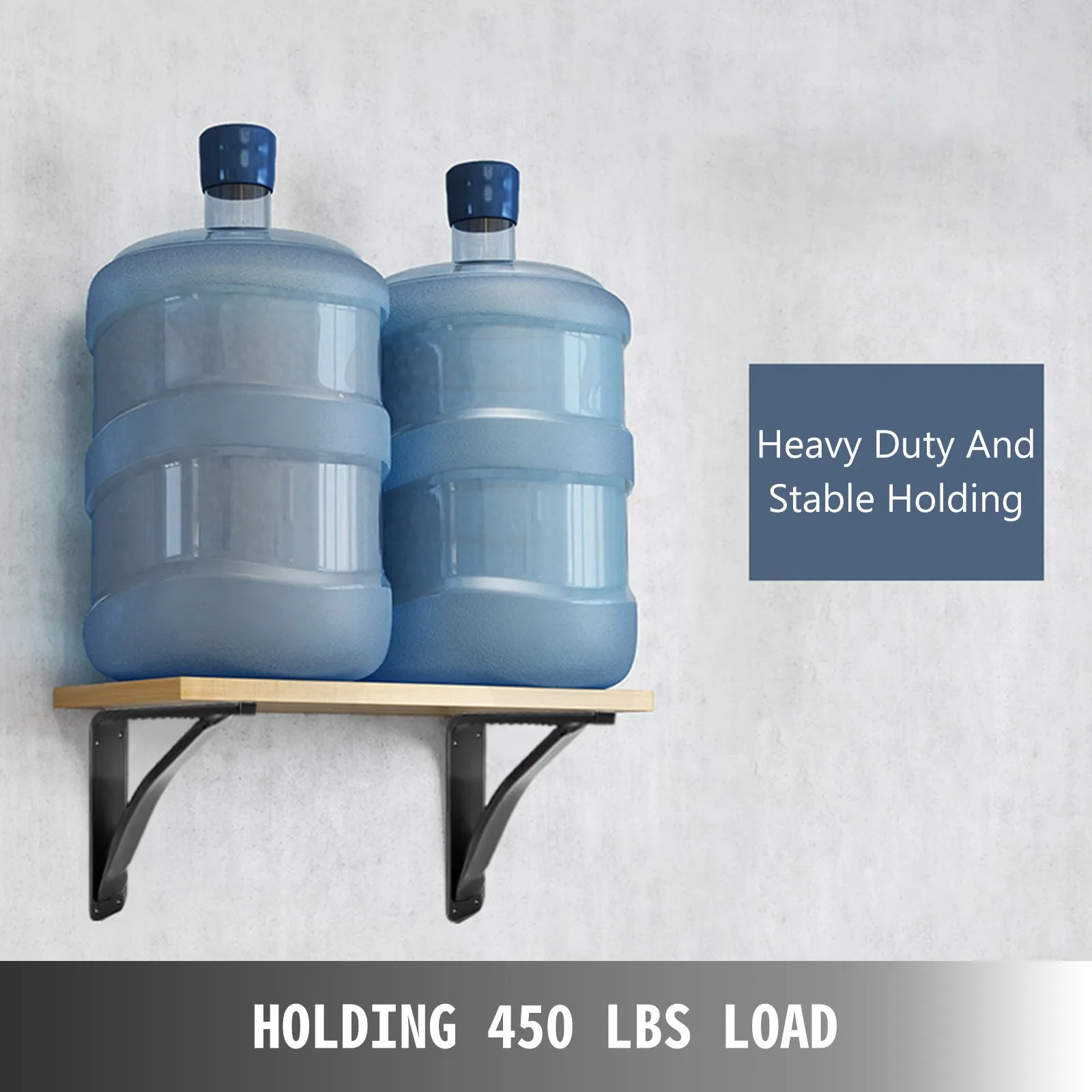 VEVOR heavy duty shelf brackets holding two large water bottles on a wall shelf.