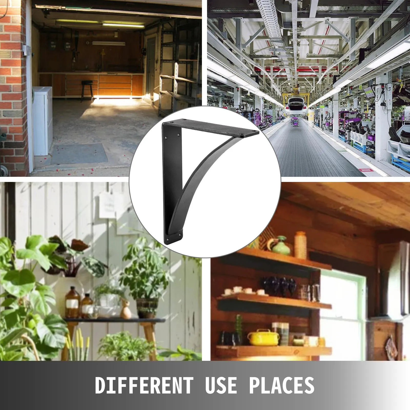 VEVOR heavy duty shelf brackets in garage, factory, garden, and kitchen.