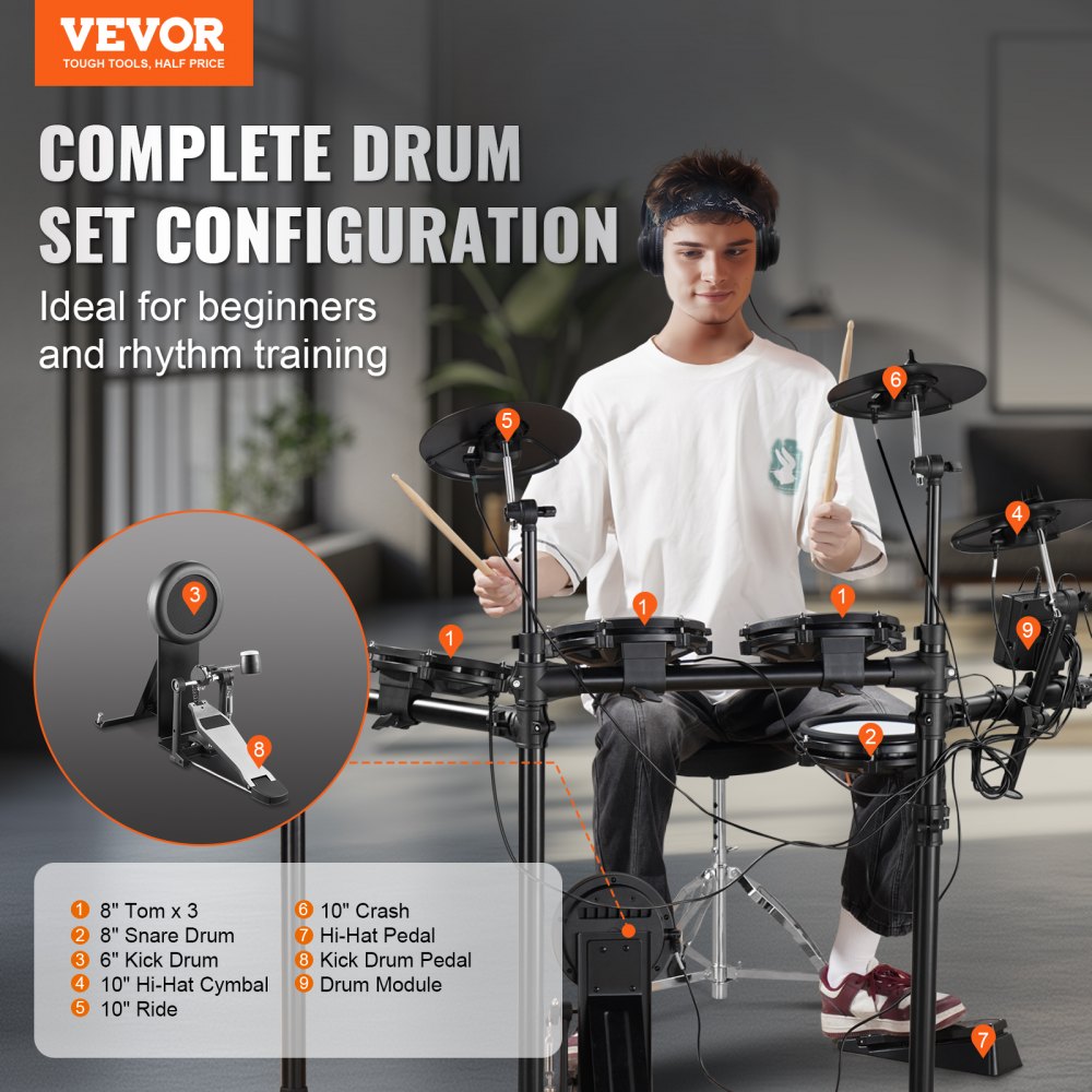 VEVOR Electric Drum Set, 32 Drum Kits & 480 Sounds Electronic Drum Kit, USB MIDI Supported 8 in Quiet Mesh Snare Electric Drum Set with 10 in Cymbals Drum Sticks & Pedals, for Beginners & Adults
