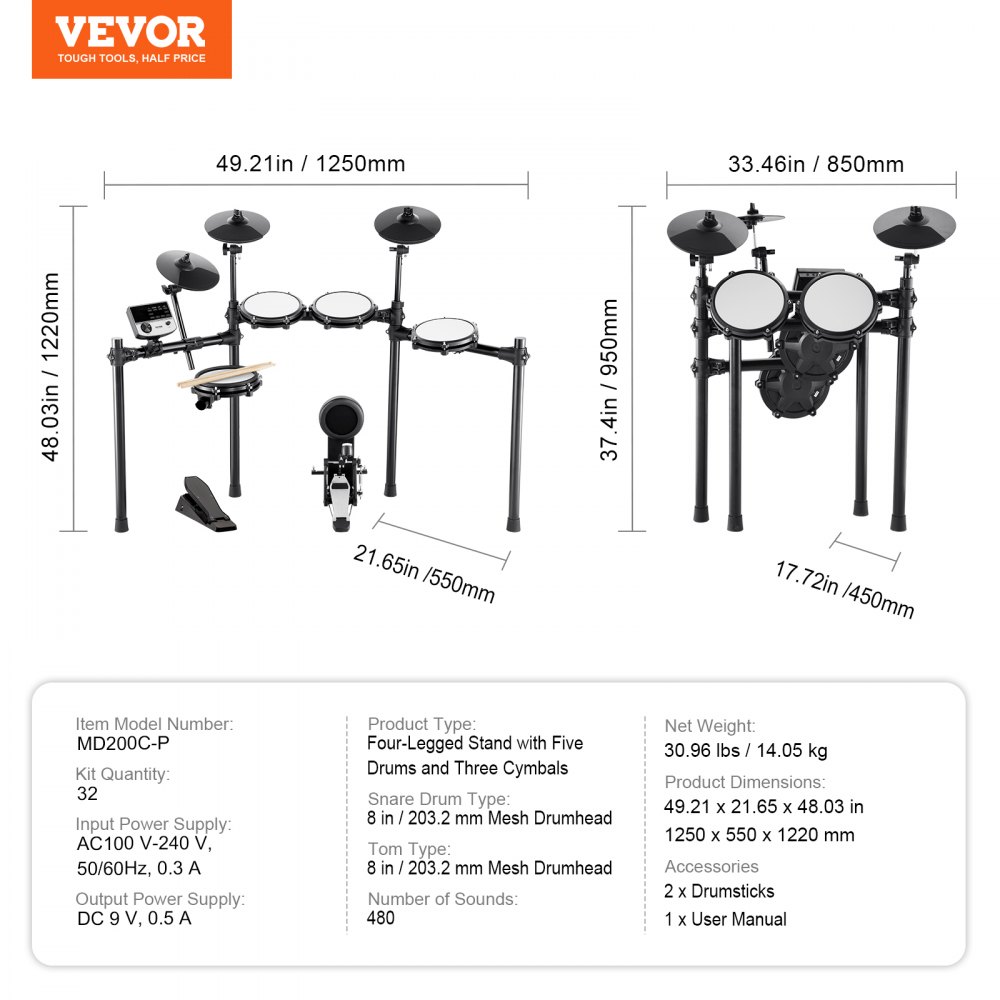 VEVOR Electric Drum Set, 32 Drum Kits & 480 Sounds Electronic Drum Kit, USB MIDI Supported 8 in Quiet Mesh Snare Electric Drum Set with 10 in Cymbals Drum Sticks & Pedals, for Beginners & Adults