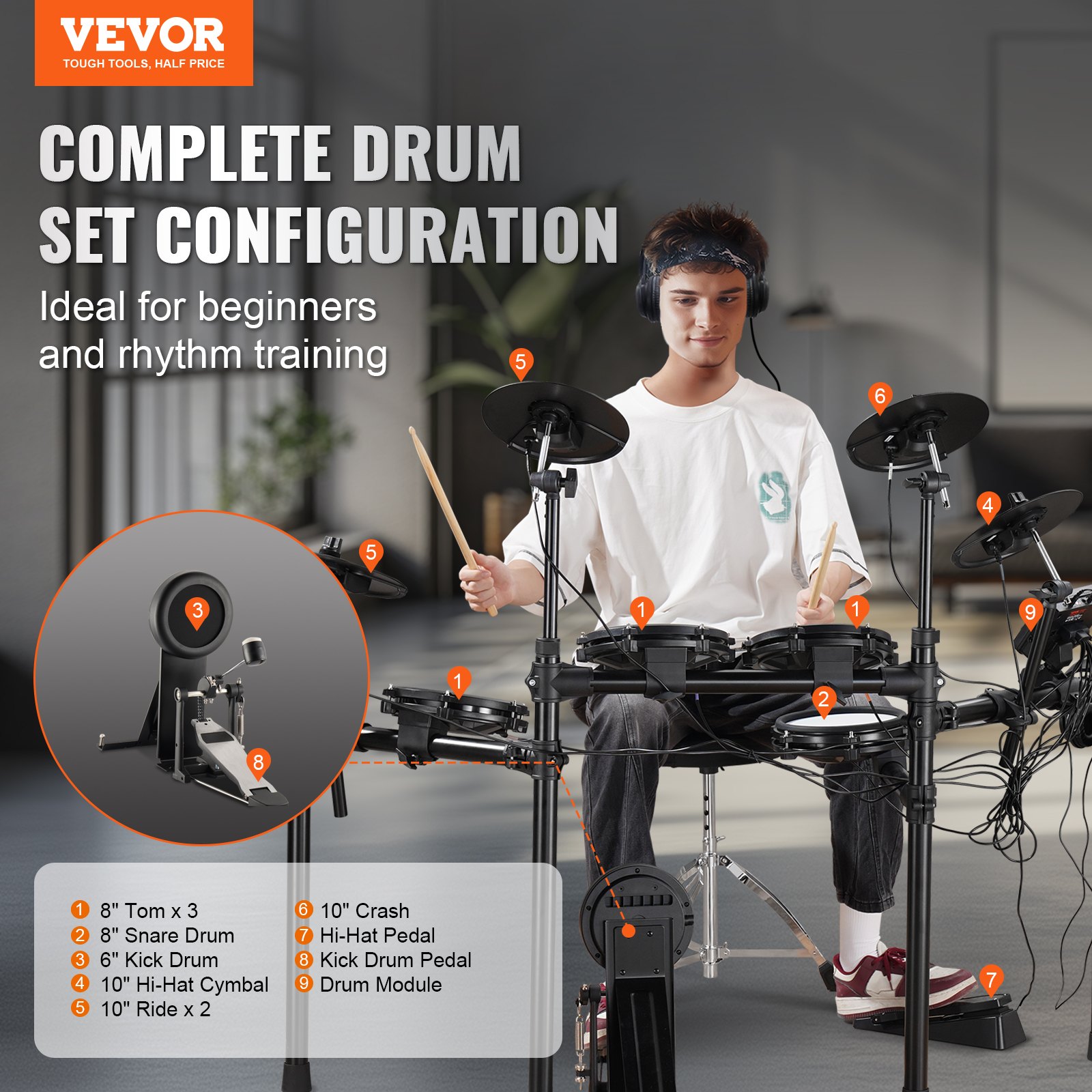VEVOR Electric Drum Set, 32 Drum Kits & 480 Sounds Electronic Drum Kit, USB MIDI Supported 8 in Quiet Mesh Snare Electric Drum Set with 10 in Cymbals Drum Sticks & Headphone, for Beginners & Adults