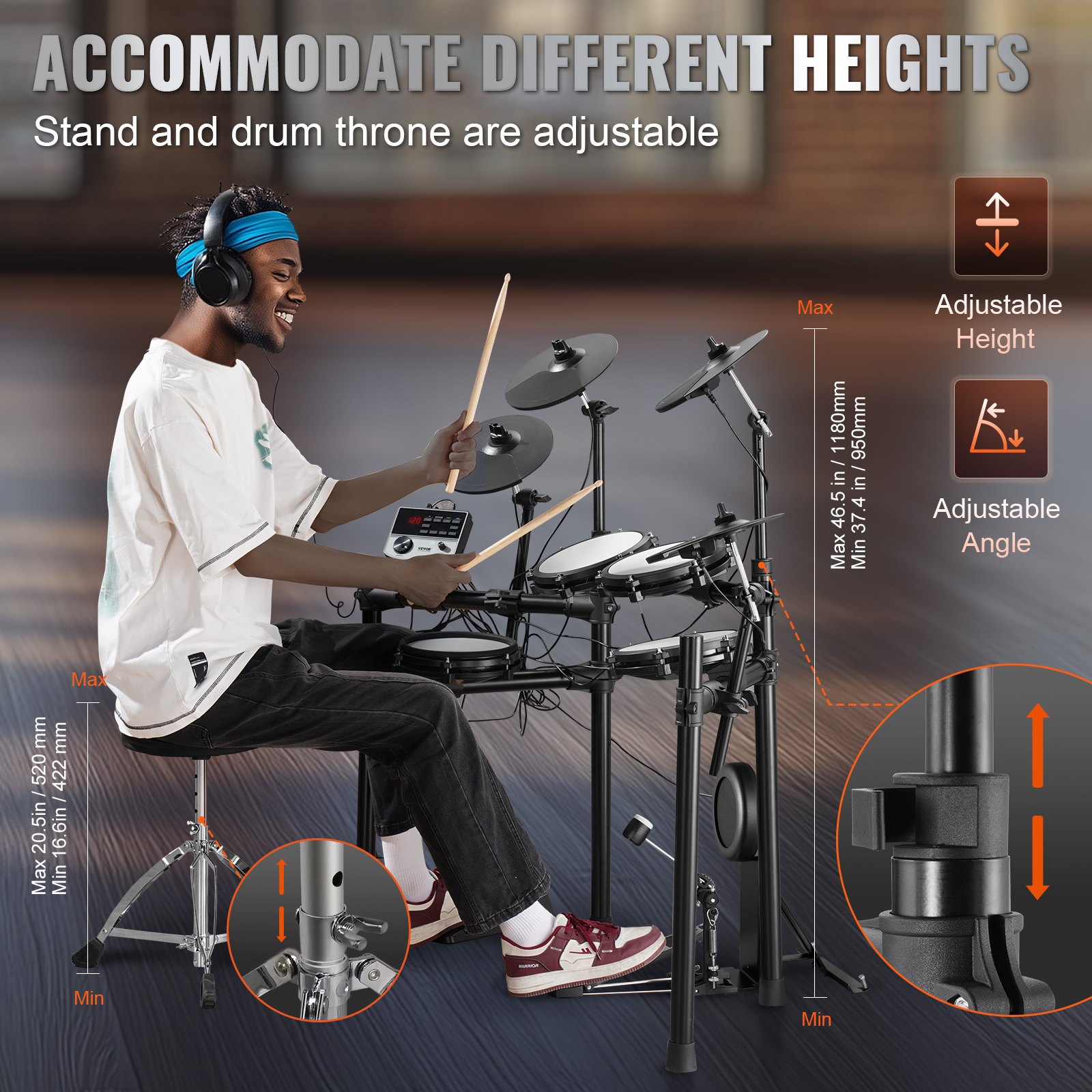 VEVOR Electric Drum Set, 32 Drum Kits & 480 Sounds Electronic Drum Kit, USB MIDI Supported 8 in Quiet Mesh Snare Electric Drum Set with 10 in Cymbals Drum Sticks & Headphone, for Beginners & Adults