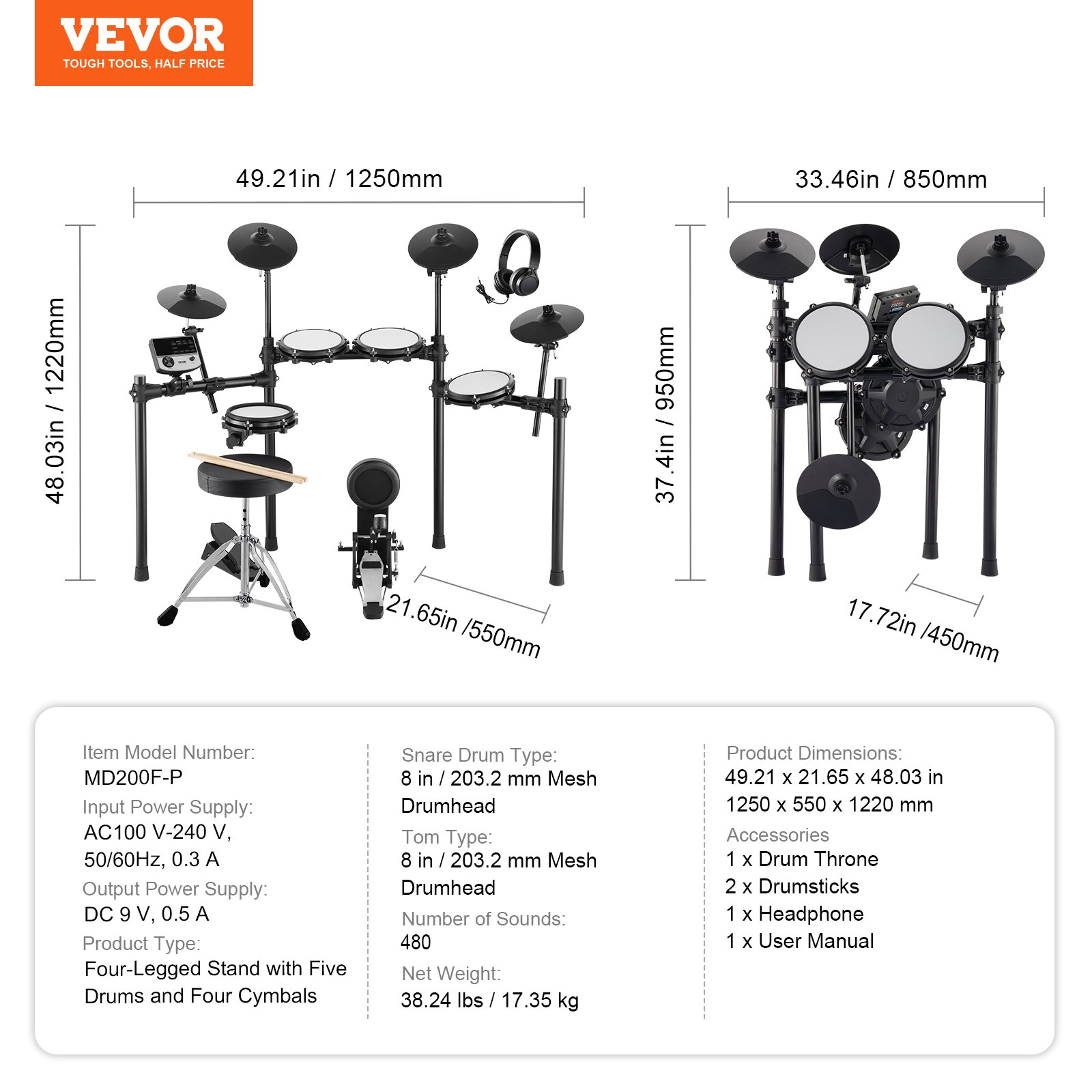VEVOR Electric Drum Set, 32 Drum Kits & 480 Sounds Electronic Drum Kit, USB MIDI Supported 8 in Quiet Mesh Snare Electric Drum Set with 10 in Cymbals Drum Sticks & Headphone, for Beginners & Adults