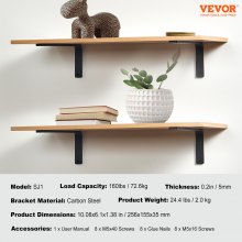 VEVOR Support d'étagère, supports d'étagère flottants robustes 10 x 6 pouces, 4 supports pour étagères, support d'étagère en L noir mat de 5 mm d'épaisseur, supports d'étagère en acier avec capacité de charge de 160 lb