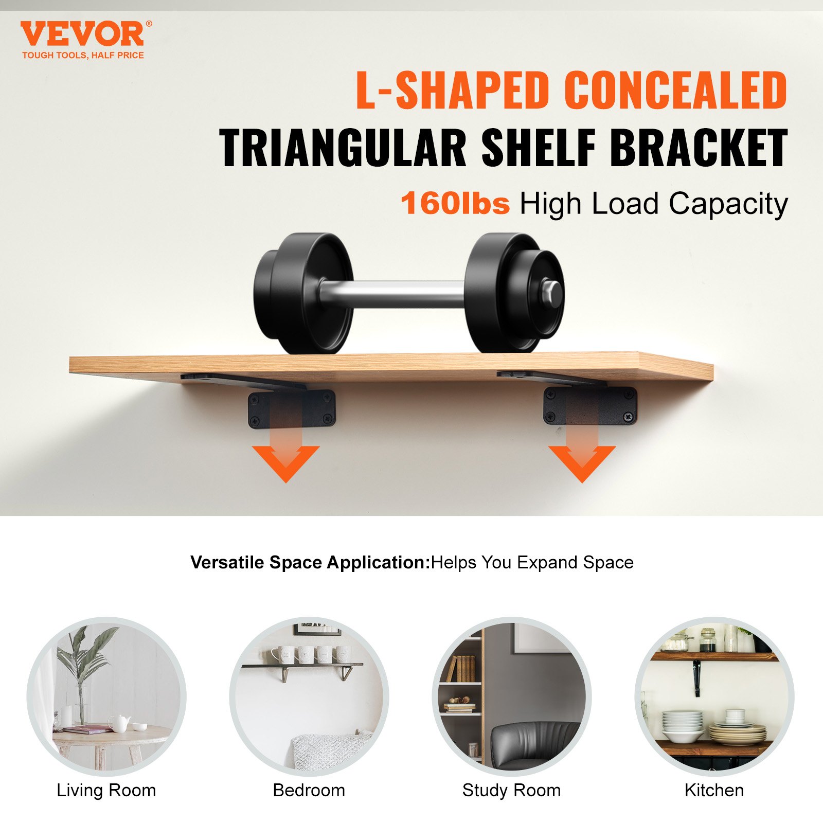 VEVOR shelf brackets showcasing 160 lbs capacity with applications for living room, bedroom, study, and kitchen.