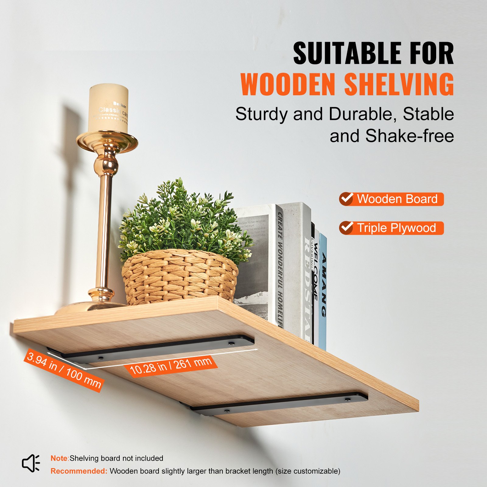 VEVOR shelf brackets supporting wooden shelf with books, candle holder, and potted plant. ideal for wooden shelving.