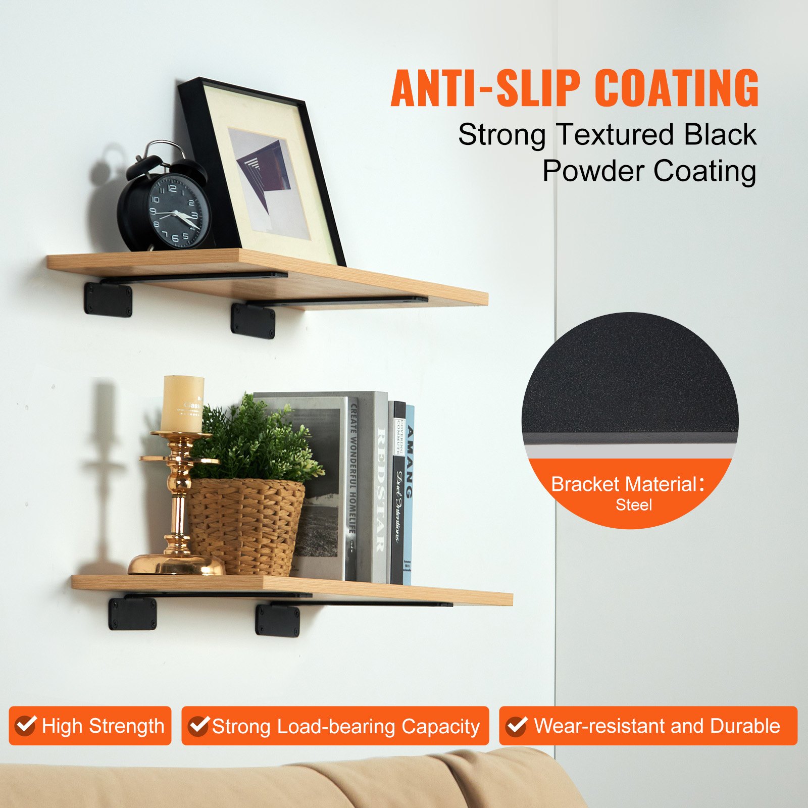wooden shelves with anti-slip black VEVOR shelf brackets, supporting books, a clock, and a candleholder.