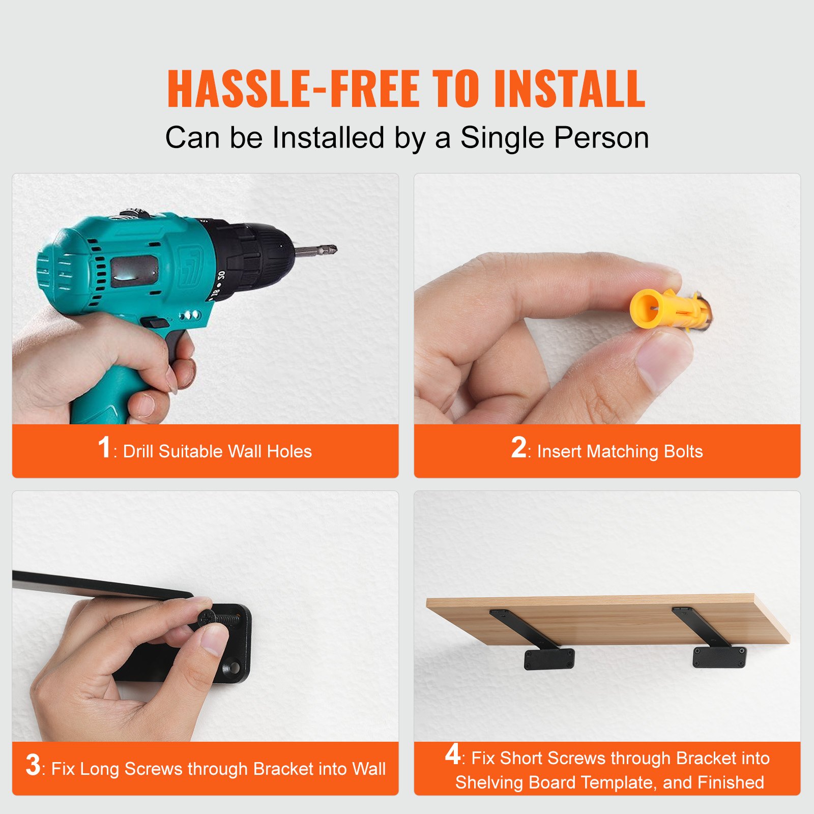 installation steps for VEVOR shelf brackets: drill holes, insert bolts, fix brackets, and secure shelf.